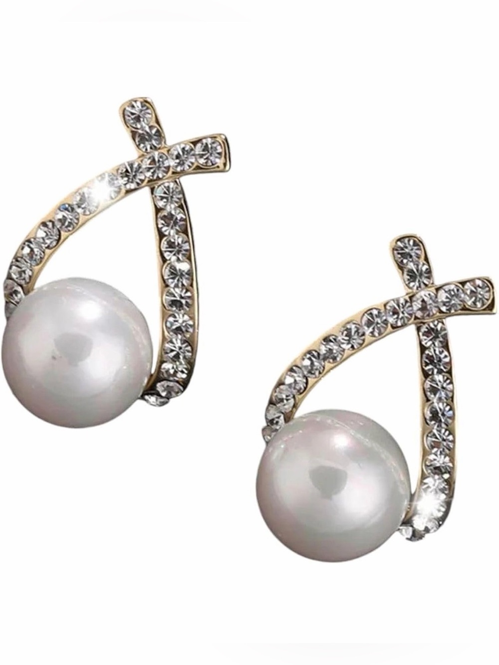 Gold Crystal and White Pearl Drop Earrings - Elegant Women Jewelry